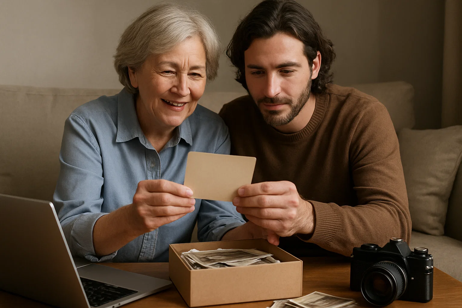 Mom and her older son going over old photos